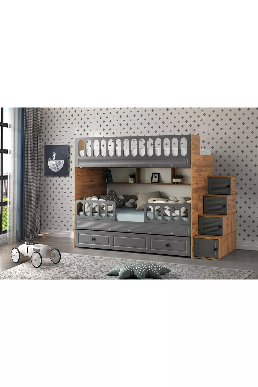 Letto a castello con persiane / Pino-antracite / Installazione gratuita / 3 sezioni letto e scala con armadio / 100% MDF