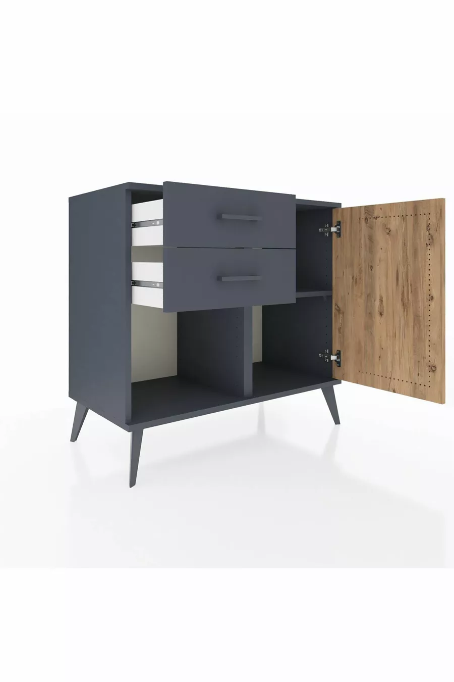 Commode Hyperion à une étagère, deux tiroirs et une porte, anthracite-pin/anthracite
