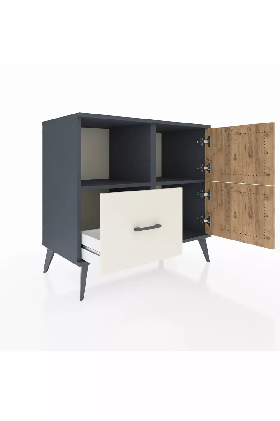 Commode Hyperion à 2 étagères, 1 tiroir, 2 portes, Anthracite-Sapin/Pierre de Lune