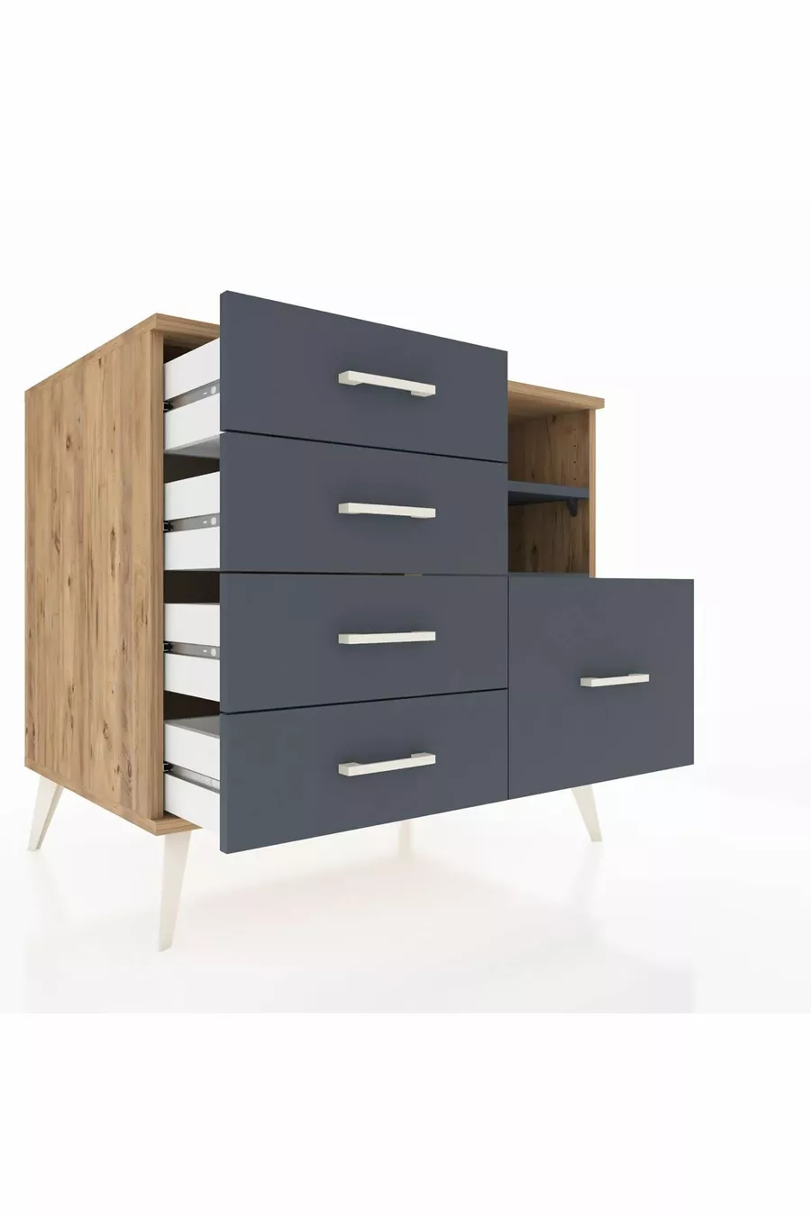 Commode Kronos avec 2 étagères et 5 tiroirs, pin-anthracite