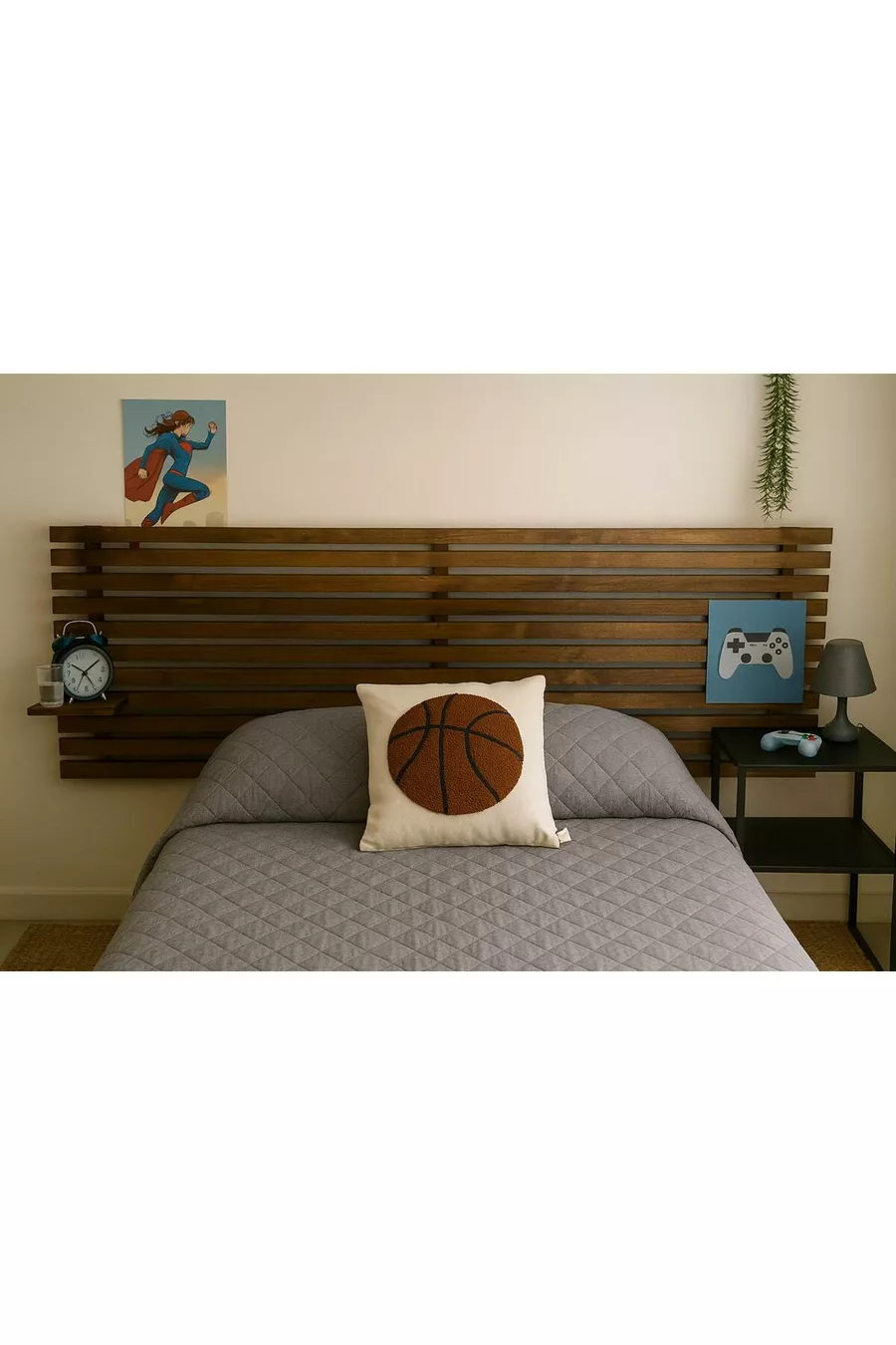 Tête de lit en bois massif couleur noyer + 2 étagères en bois massif couleur noyer