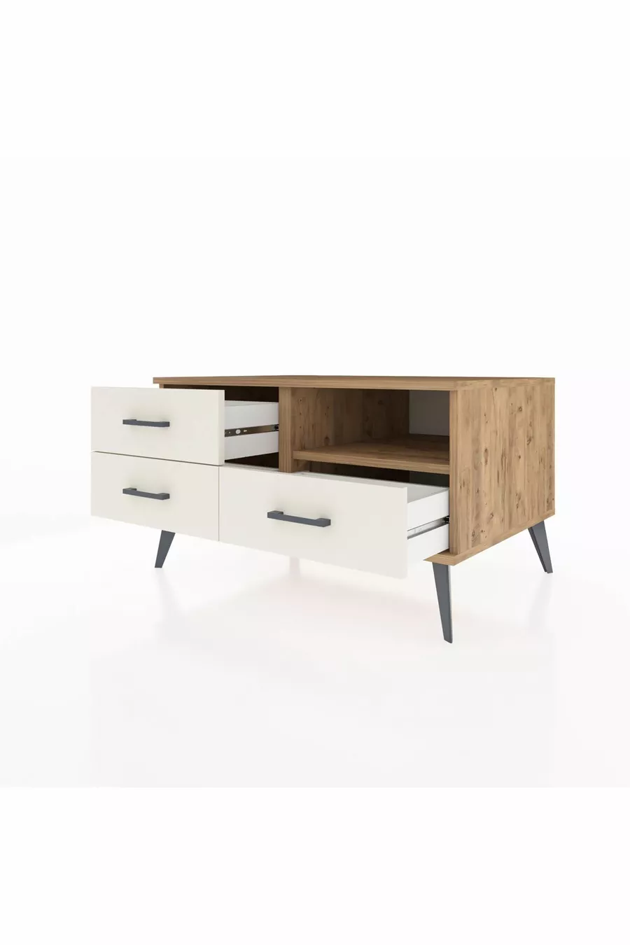 Commode Kronos à une étagère et trois tiroirs Pin-Pin/Marbre blanc