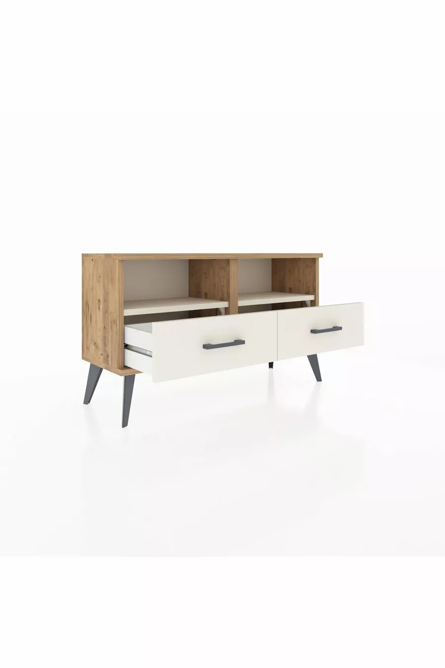 Commode Arges 2 étagères 2 tiroirs Pin-Pierre de lave