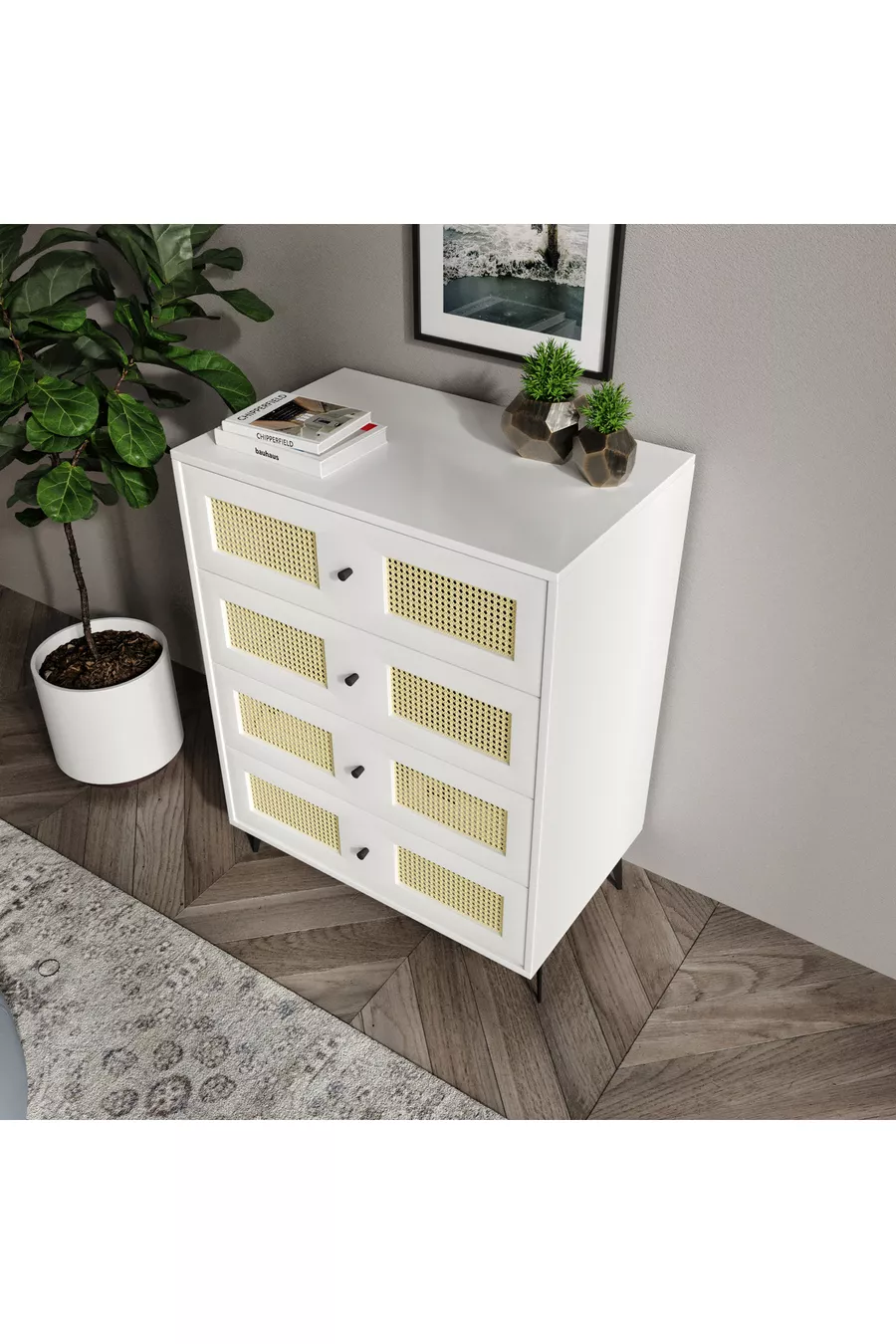 Commode Blanche Moonlight 4 Tiroirs avec Détails de Dessus