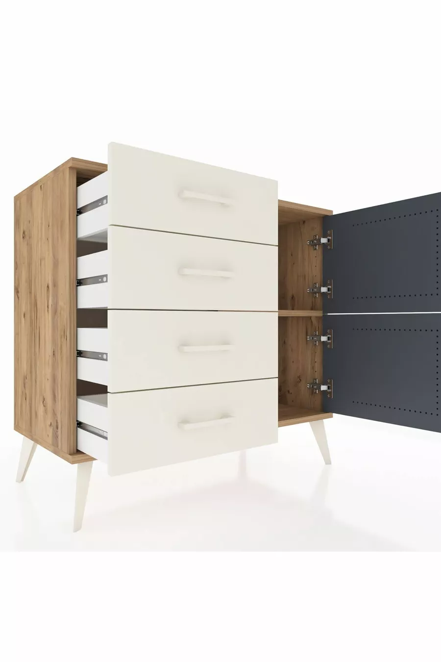 Commode Hyperion avec une seule étagère, 4 tiroirs et 2 portes, pin-anthracite/pierre de lune