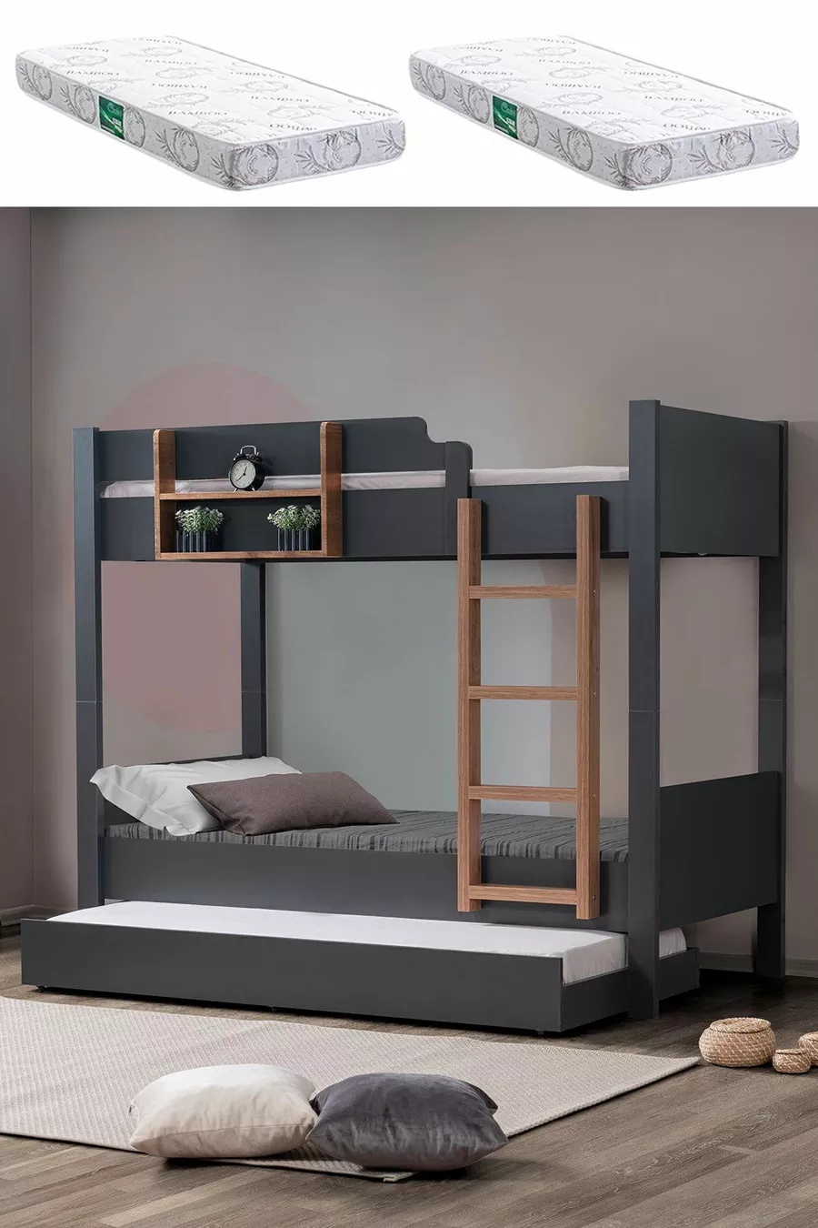 Hochbett, Asya abnehmbares Etagenbett mit Bettkasten, Anthrazit - Nussbaum + 2 Komfortmatratzen
