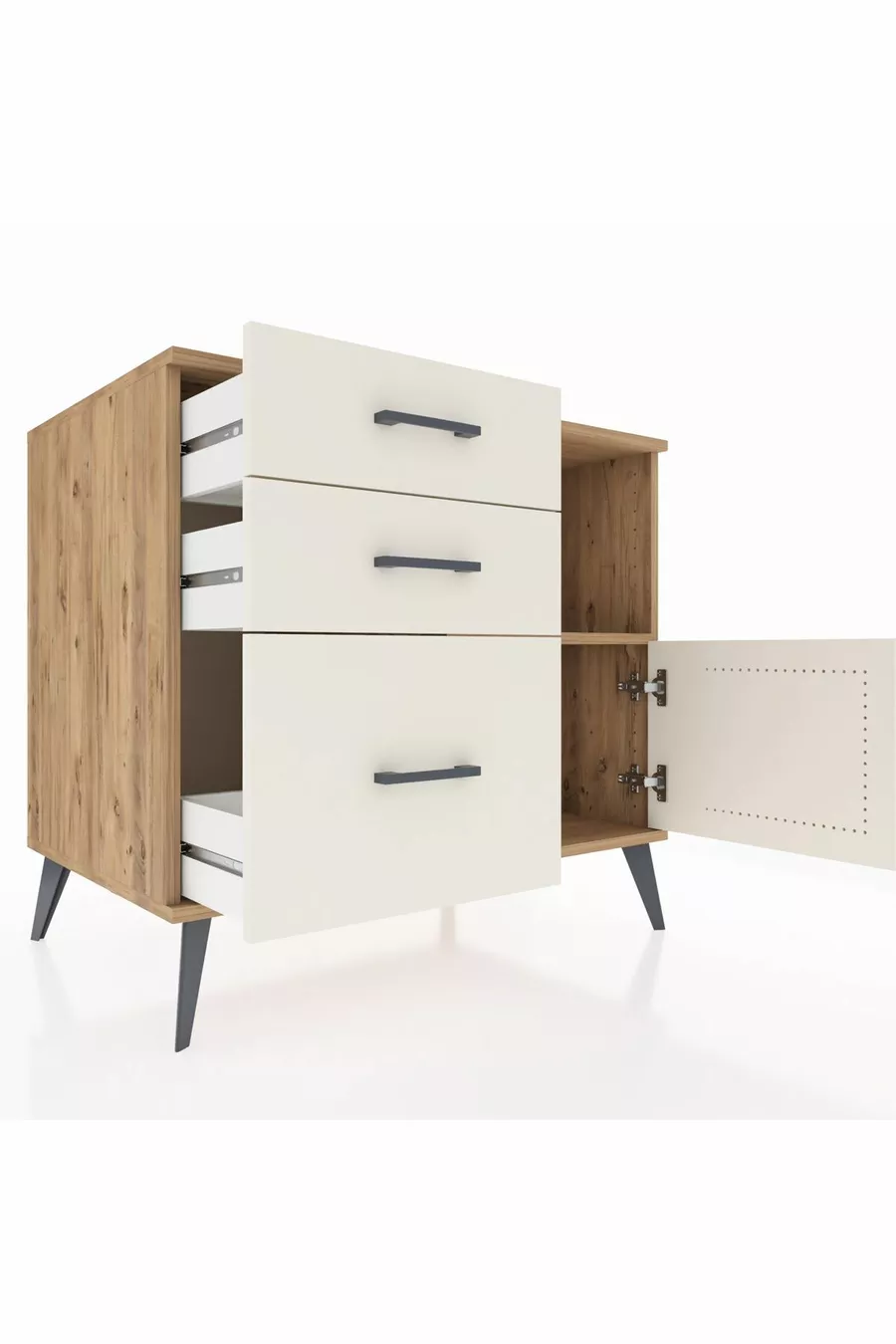 Commode Kronos avec une étagère, 3 tiroirs et une porte, pin-pierre de lave