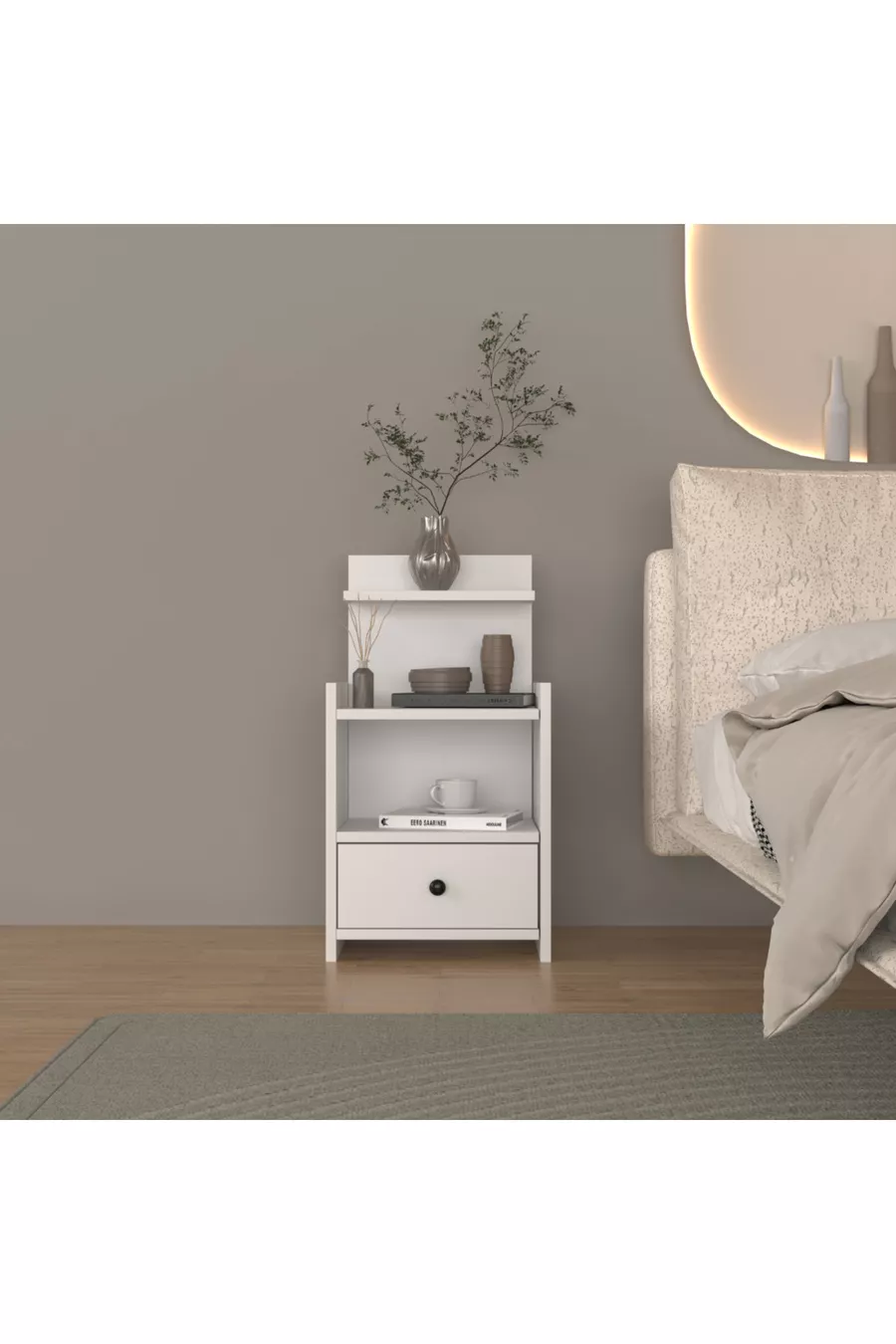 Модерен нощен шкаф с рафтове и чекмеджета, 100% MDF