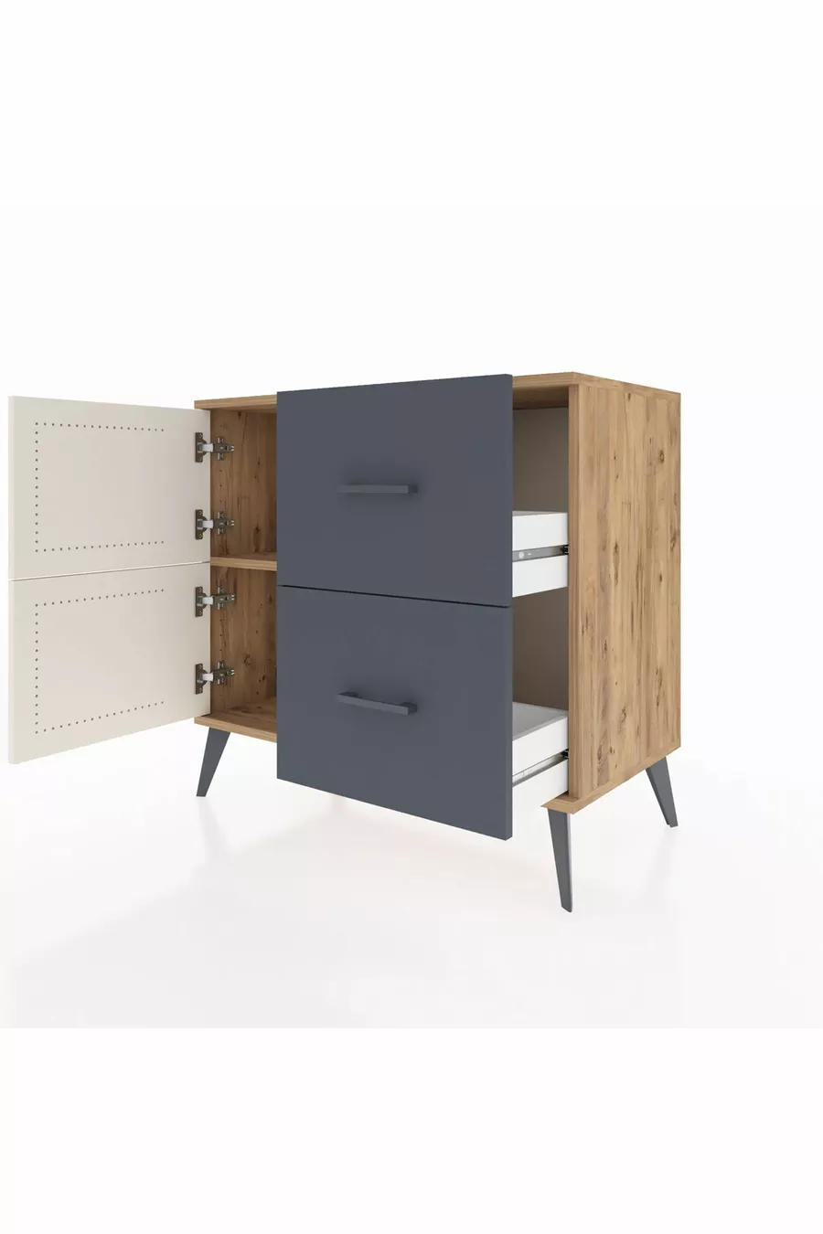 Commode Hyperion à une étagère, 2 tiroirs et 2 portes, pin-gris ardoise/anthracite