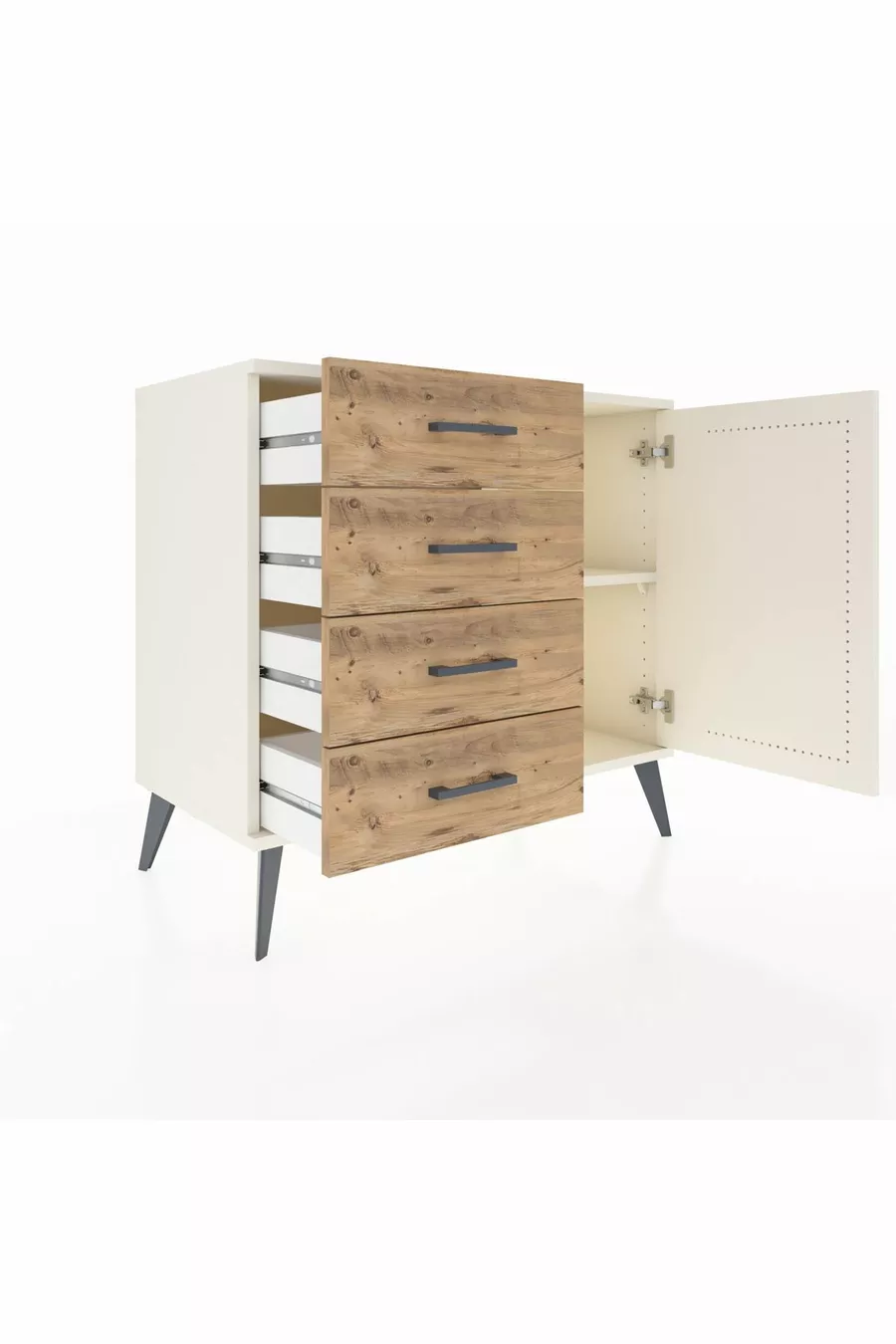 Commode Hyperion avec une seule étagère, 4 tiroirs et une porte, Pierre de Lune/Pins