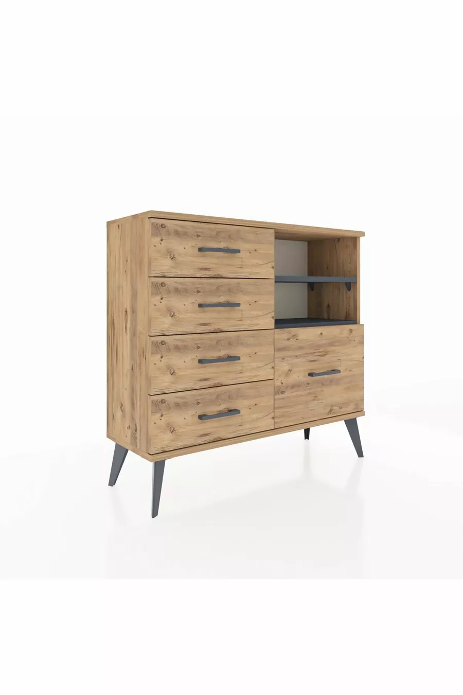 Commode Arges 2 étagères 5 tiroirs Pin-Anthracite/Pin