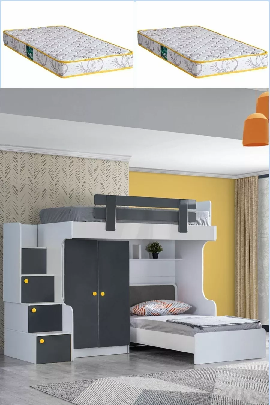Bunk Bed, Metris Bunk Bed Bed Frame Wardrobe 2 Comfort Mattresses