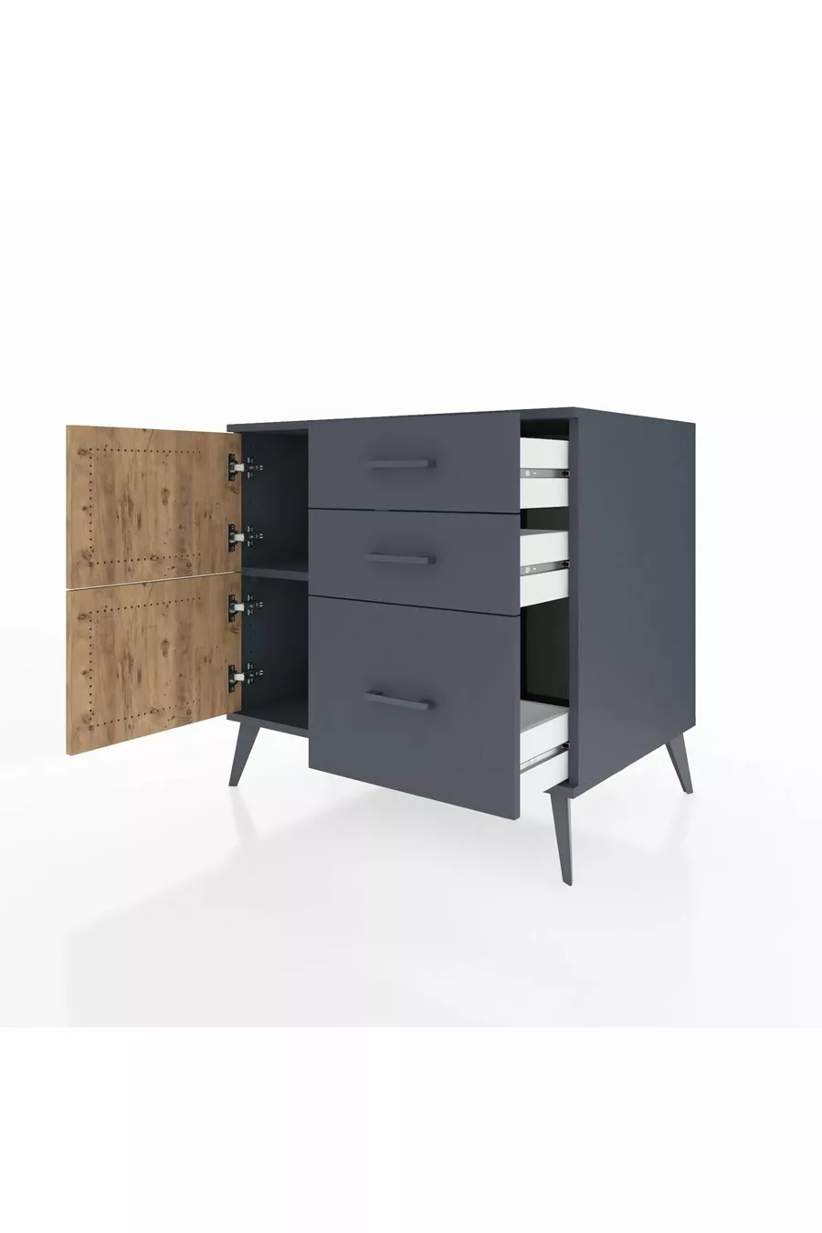 Commode Kronos à une étagère, 3 tiroirs, 2 portes, Anthracite-Sapin/Anthracite