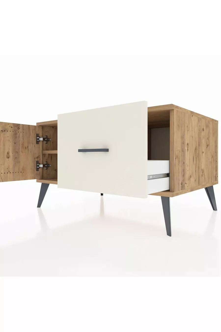 Commode Kronos avec une étagère, un tiroir et une porte, Pins-Pins / Pierre de lune