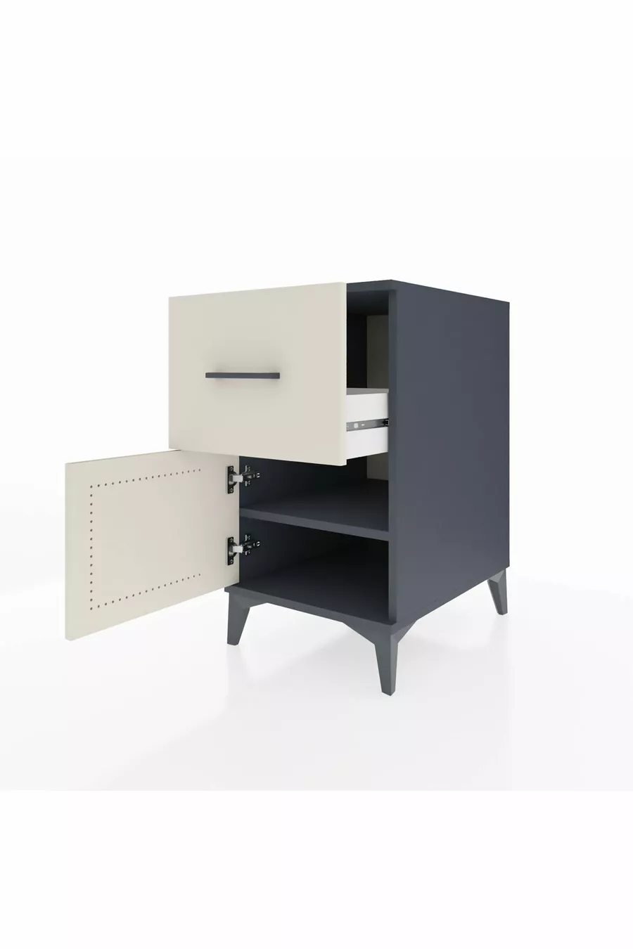 Table de chevet Kronos avec une étagère, un tiroir et une porte, couleur anthracite-pierre de lune