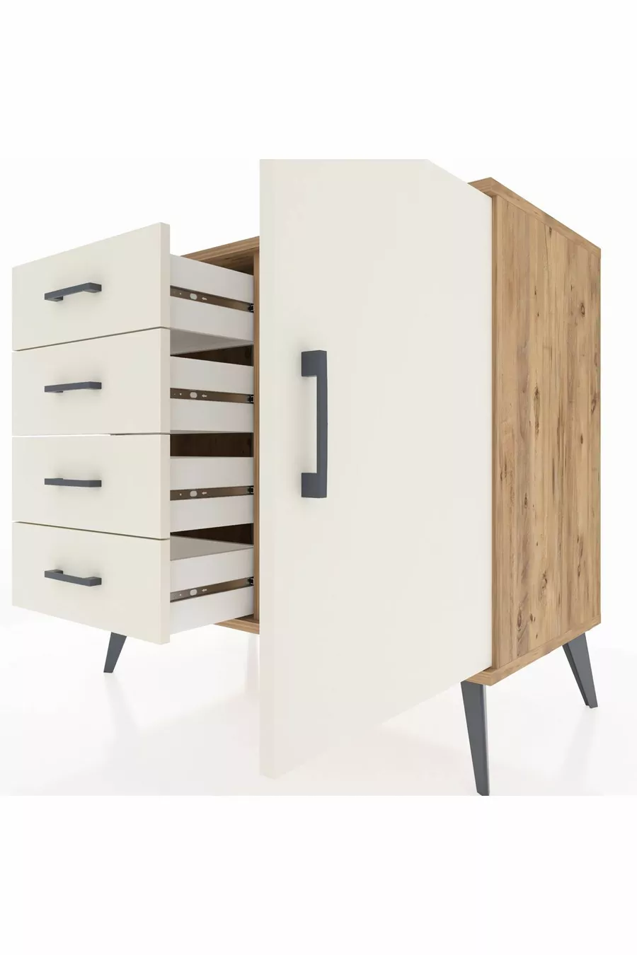 Commode Hyperion à une étagère, 4 tiroirs et une porte, pin et pierre de lune