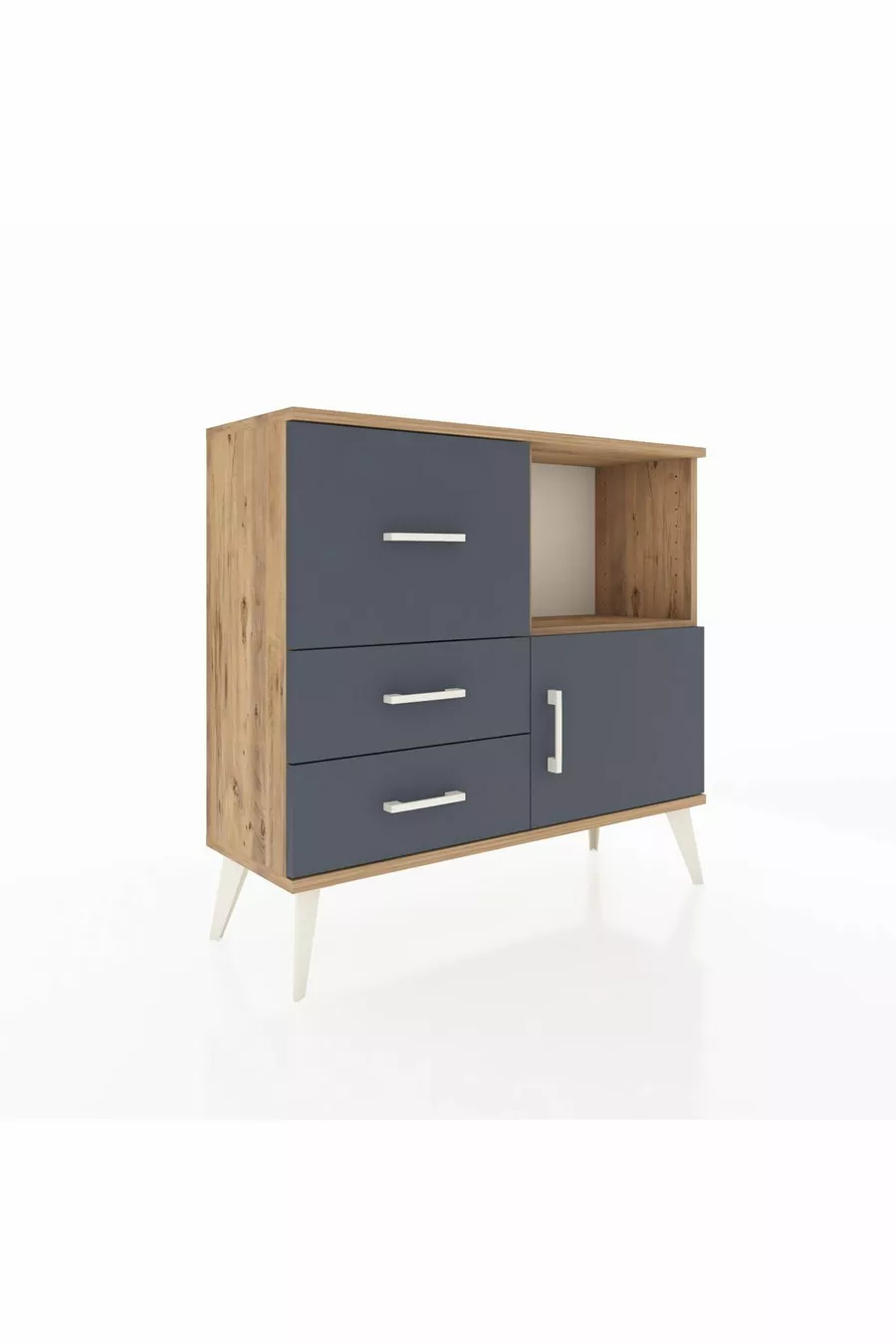 Commode Arges à une étagère, 3 tiroirs et une porte, pin-anthracite