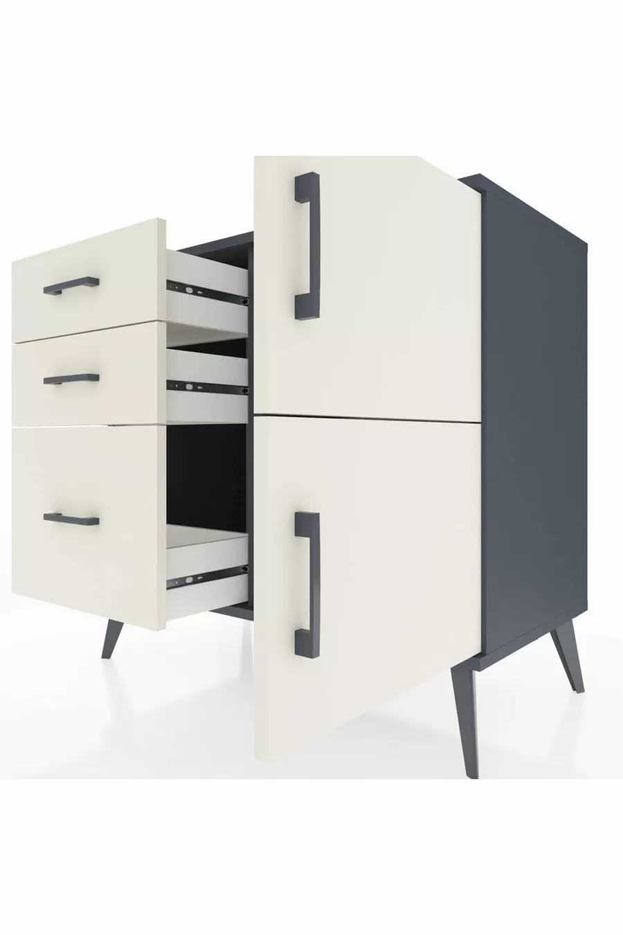 Commode Hyperion à une étagère, 3 tiroirs et 2 portes, Anthracite-Pierres de lune