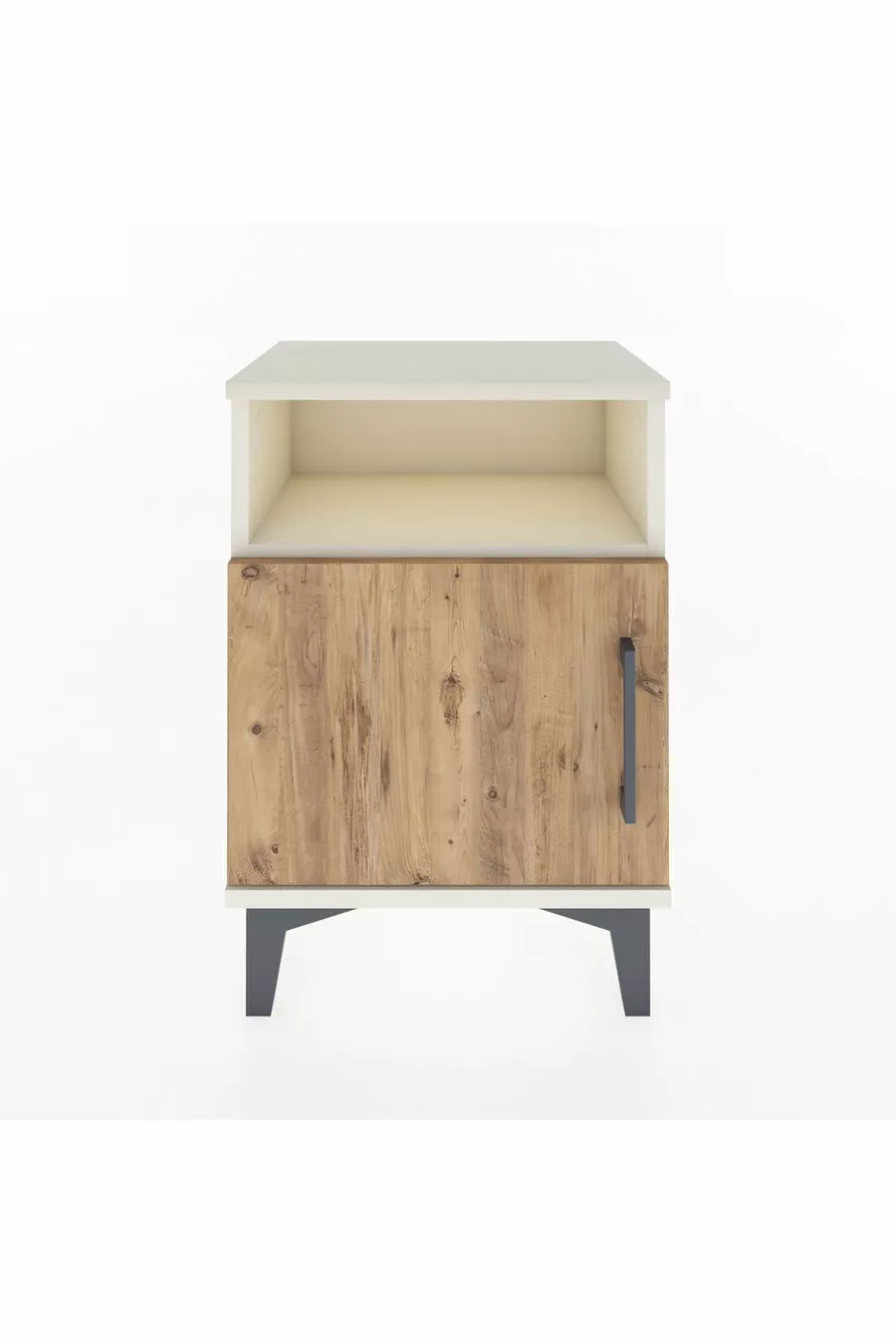 Table de chevet Arges à 2 étagères avec 1 porte, en pierre de lune et pin