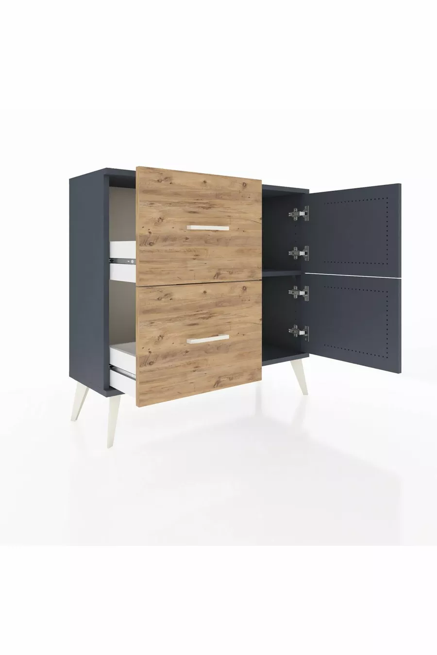 Commode Arges à une étagère, 2 tiroirs et 2 portes Anthracite-Anthracite/Sapin