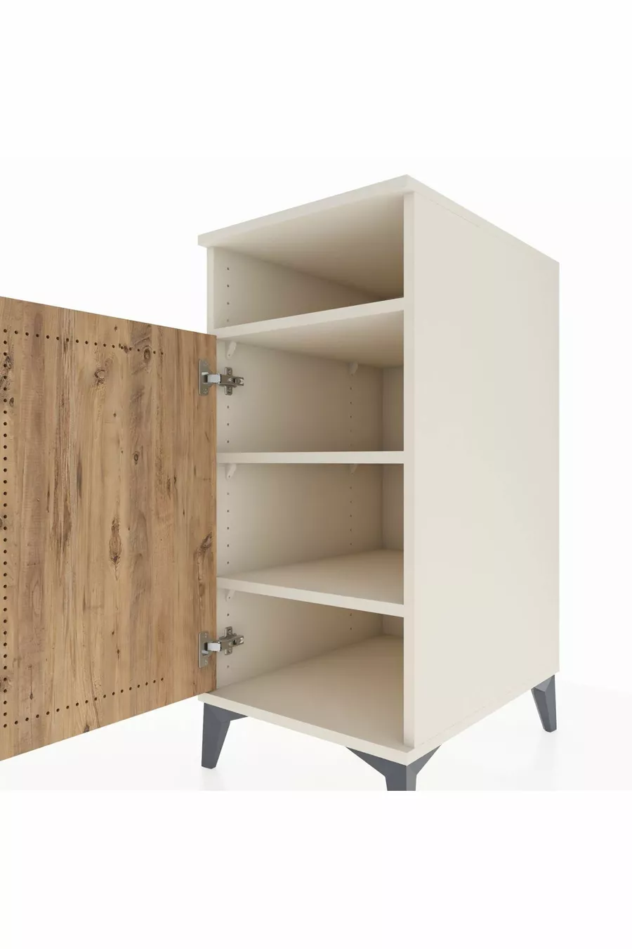 Table de chevet Kronos avec 3 étagères et 1 porte, Pierre de lune-Pin