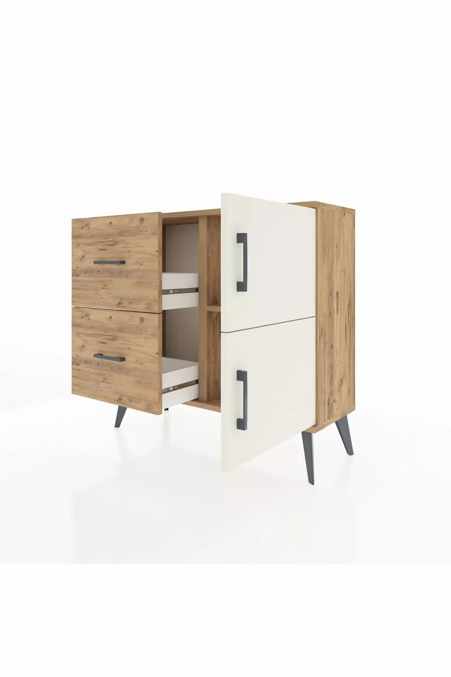 Commode Arges avec une seule étagère, 2 tiroirs et 2 portes, en pin-pierre d'âme/pin