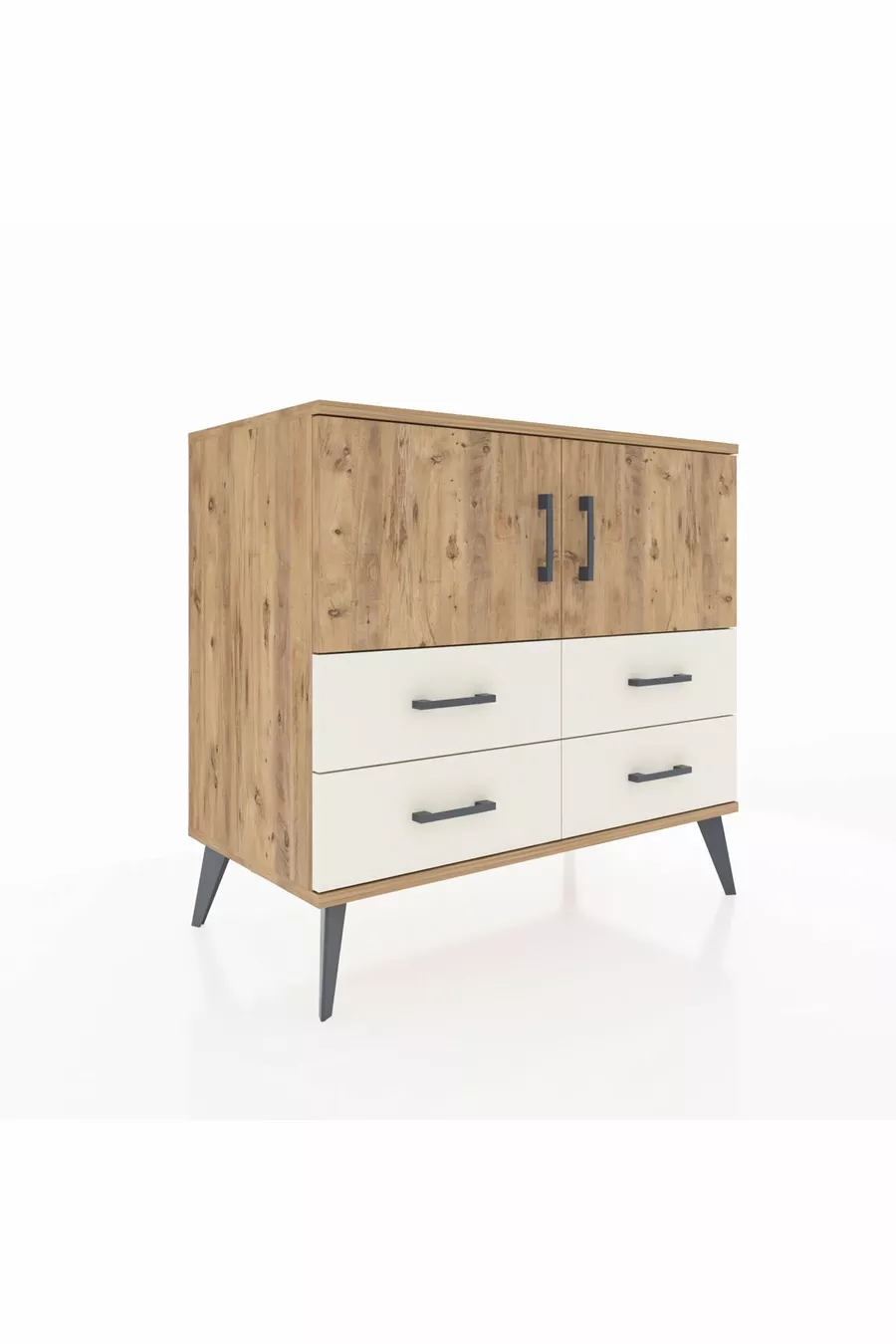Commode Hyperion avec 2 étagères, 4 tiroirs, 2 portes, en pin-pin/aventurine