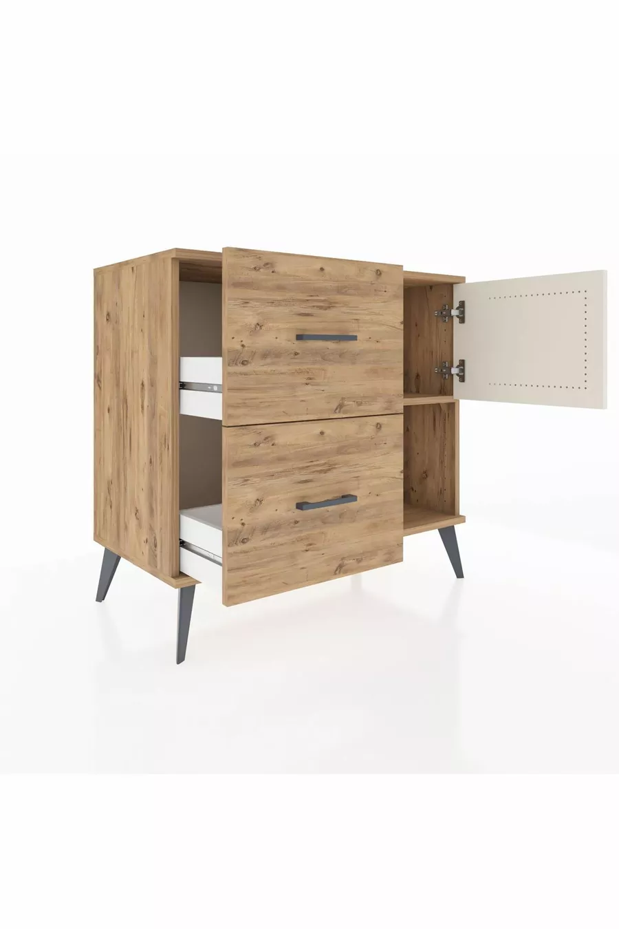 Commode Hyperion avec une étagère, 2 tiroirs et une porte, pin-pierre d'onyx/pin