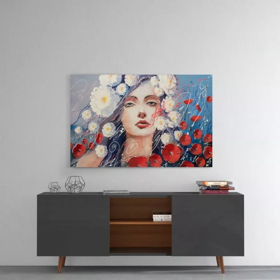 Peinture sur verre de femme et de fleurs