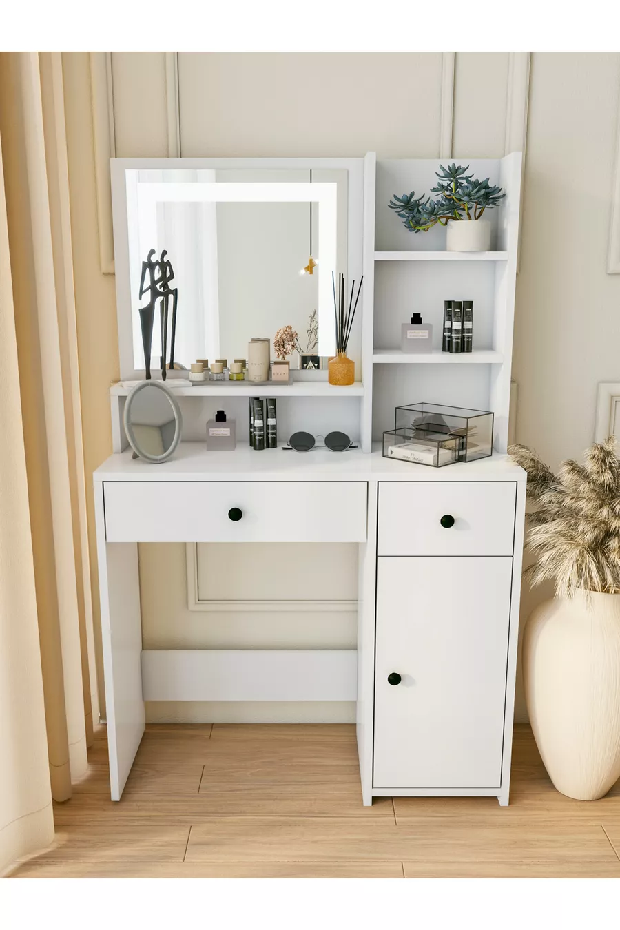 Coiffeuse Blanche avec Tiroirs, Étagère pour Accessoires et Bijoux, Miroir Spécial avec LED