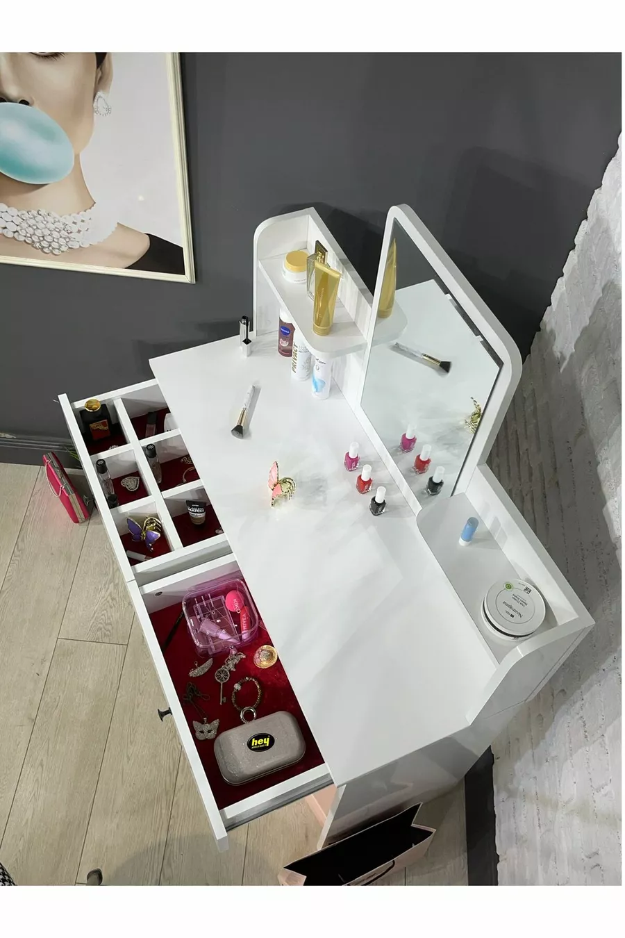 Tavolo da Trucco con Specchio, Tocador con 2 Cassetti, Organizer per Gioielli e Mensola, Bianco, cm