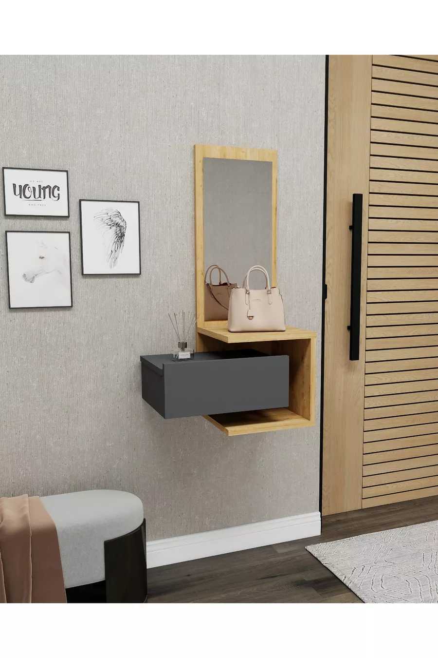 Console murale avec miroir et tiroirs Stella Chêne clair Anthracite - Stella