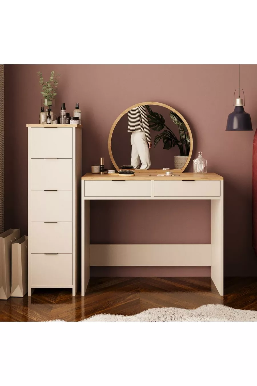 Ensemble de coiffeuse Flora avec miroir, 2+5 tiroirs, organisateur de bijoux et panier couleur sable