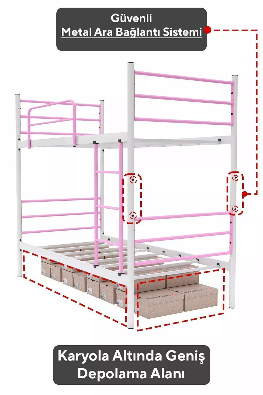 Trend Bunk Bed Compatible with Mattress Light Pink Detachable Metal Bunk Bed Frame