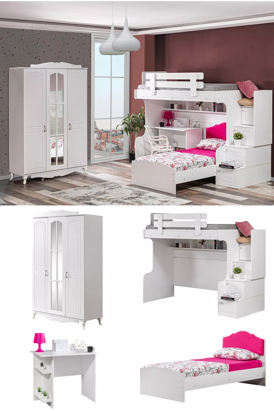 Lit superposé, Superposé avec Lit, Bureau et Armoire à 3 Portes