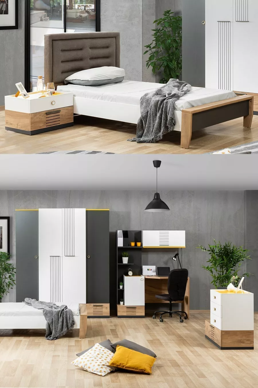 Chambre d'Adolescent Relax - Armoire 4 Portes, Lit, Table de Chevet, Commode, Bureau