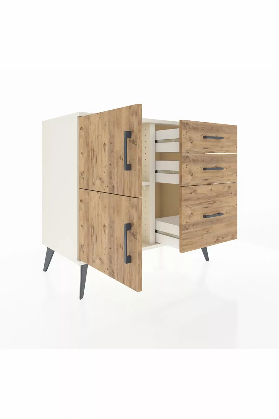 Commode Hyperion à une étagère, 3 tiroirs et 2 portes, Pierre de lune-Pin