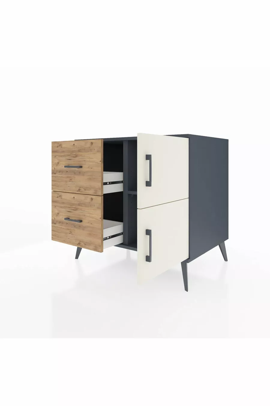 Commode Kronos à une étagère, 2 tiroirs, 2 portes, Anthracite-Pierre de Lune/Pin