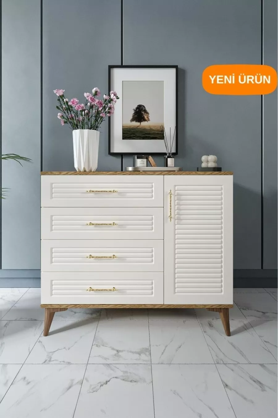 Commode moderne à 4 tiroirs et 1 porte avec volets, design moderne, porte en MDF, bois de noyer écru