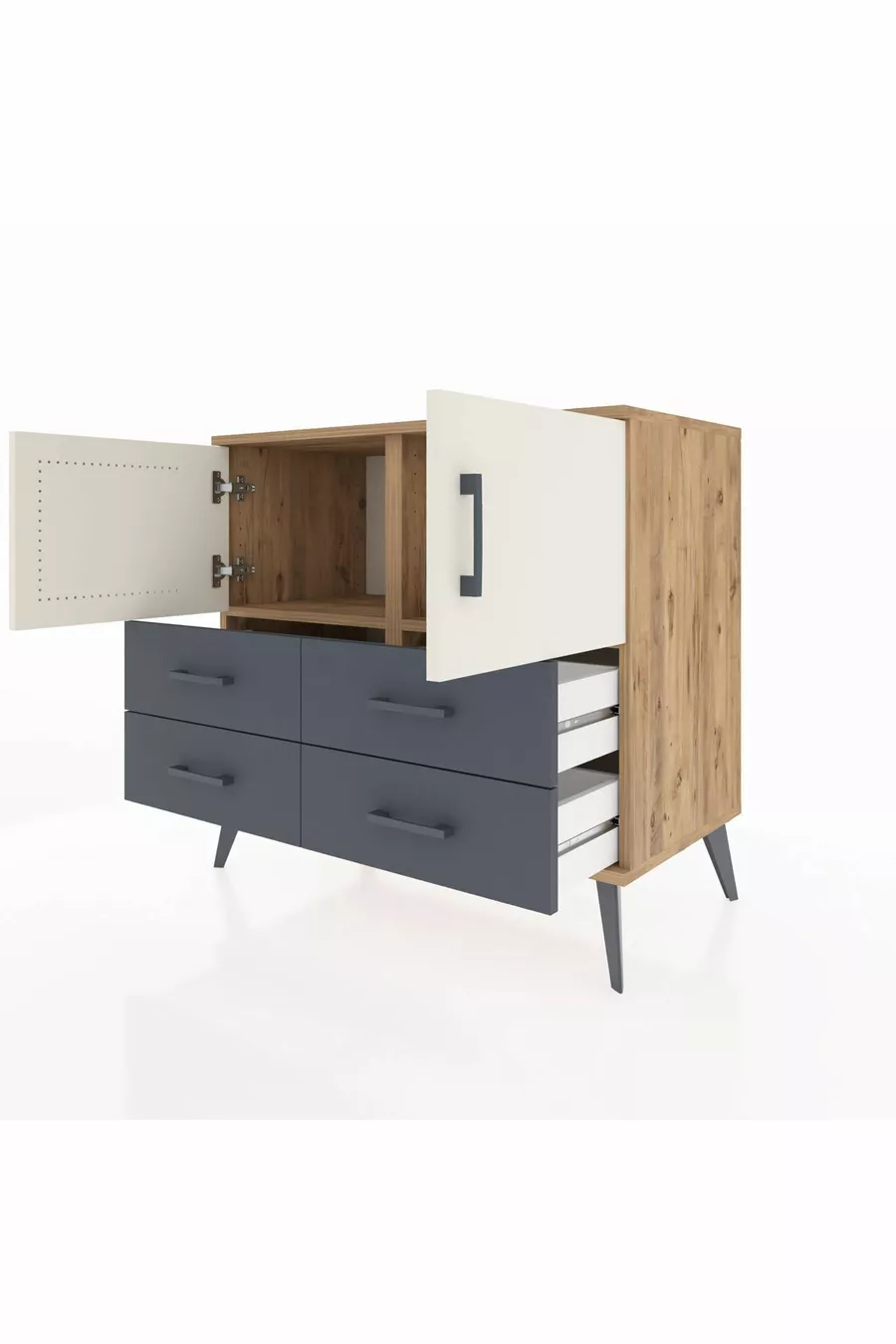 Commode Hyperion 2 étagères 4 tiroirs 2 portes Pin-Marbre/Anthracite