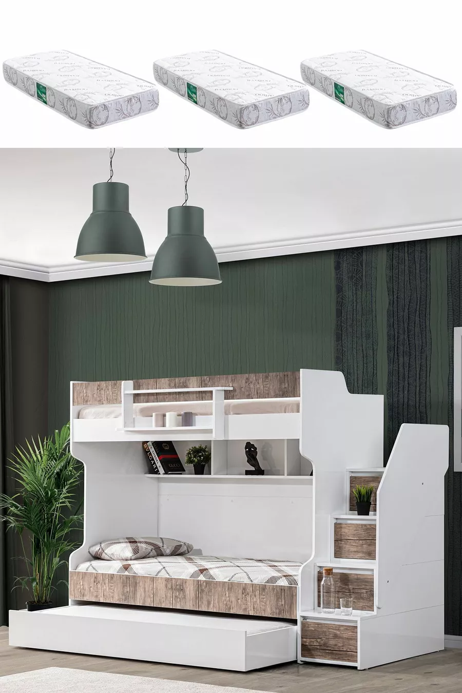 Lits superposés, Lit superposé Courageux avec tiroirs - Noyer 3 matelas confort