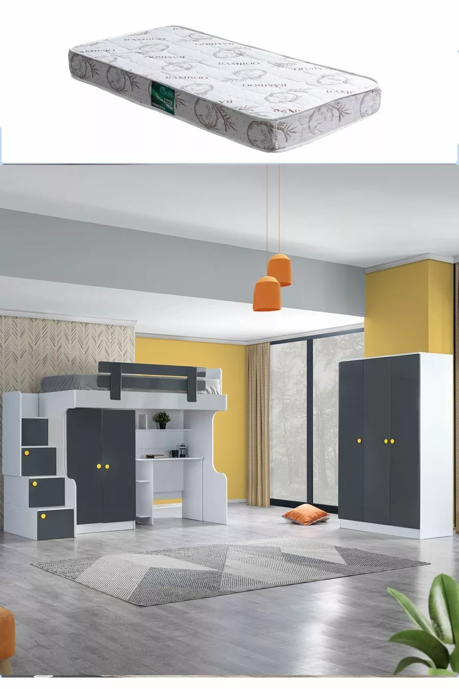 Lits superposés, Armoire de Métal, Bureau, Armoire 3 portes, 1 Matelas Confort