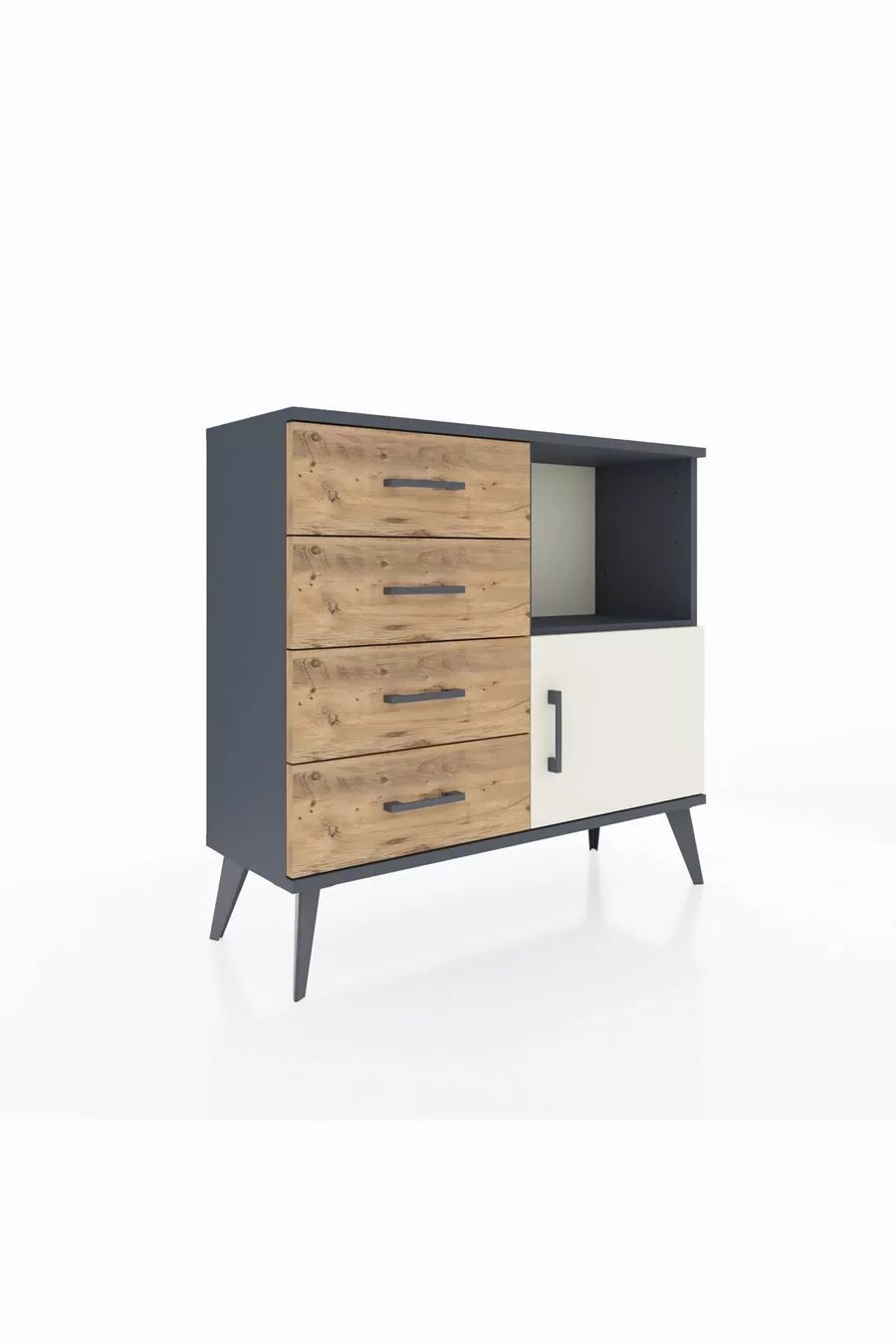 Commode Arges avec une seule étagère, 4 tiroirs et une porte, Anthracite-Pierre de lune/Pin
