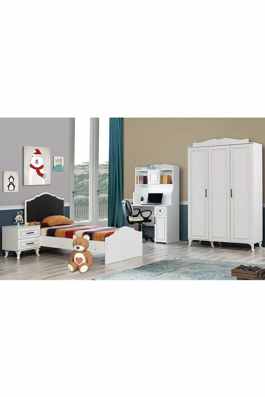 Chambre Melis Genç - Armoire 3 Portes, Lit, Table de Chevet, Bureau