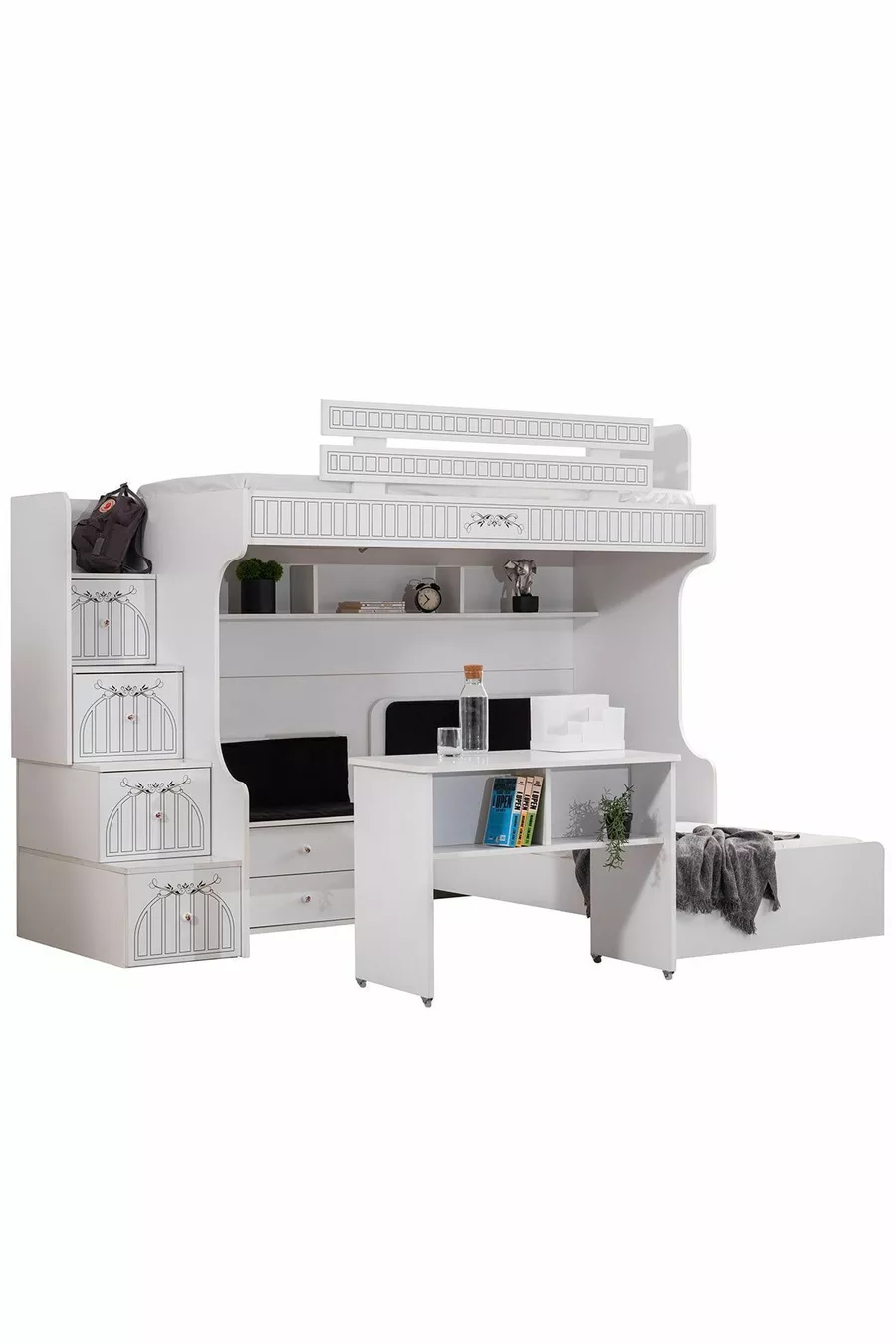 Bunk Bed, London Bunk Bed with Bed Frame, Desk with Seating, 3-Door Wardrobe