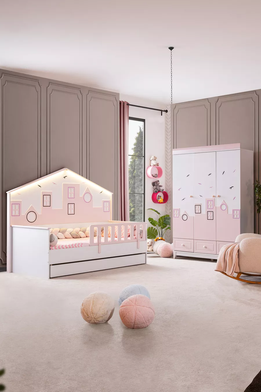 Camera per Bambini Montessori - Armadio a 3 Ante City Montessori, Letto con Cassetti - Rosa