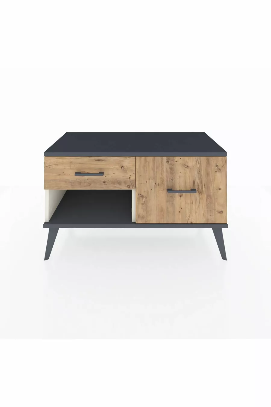 Commode Hyperion 2 tiroirs Pierre de lune-Anthracite/Sapin