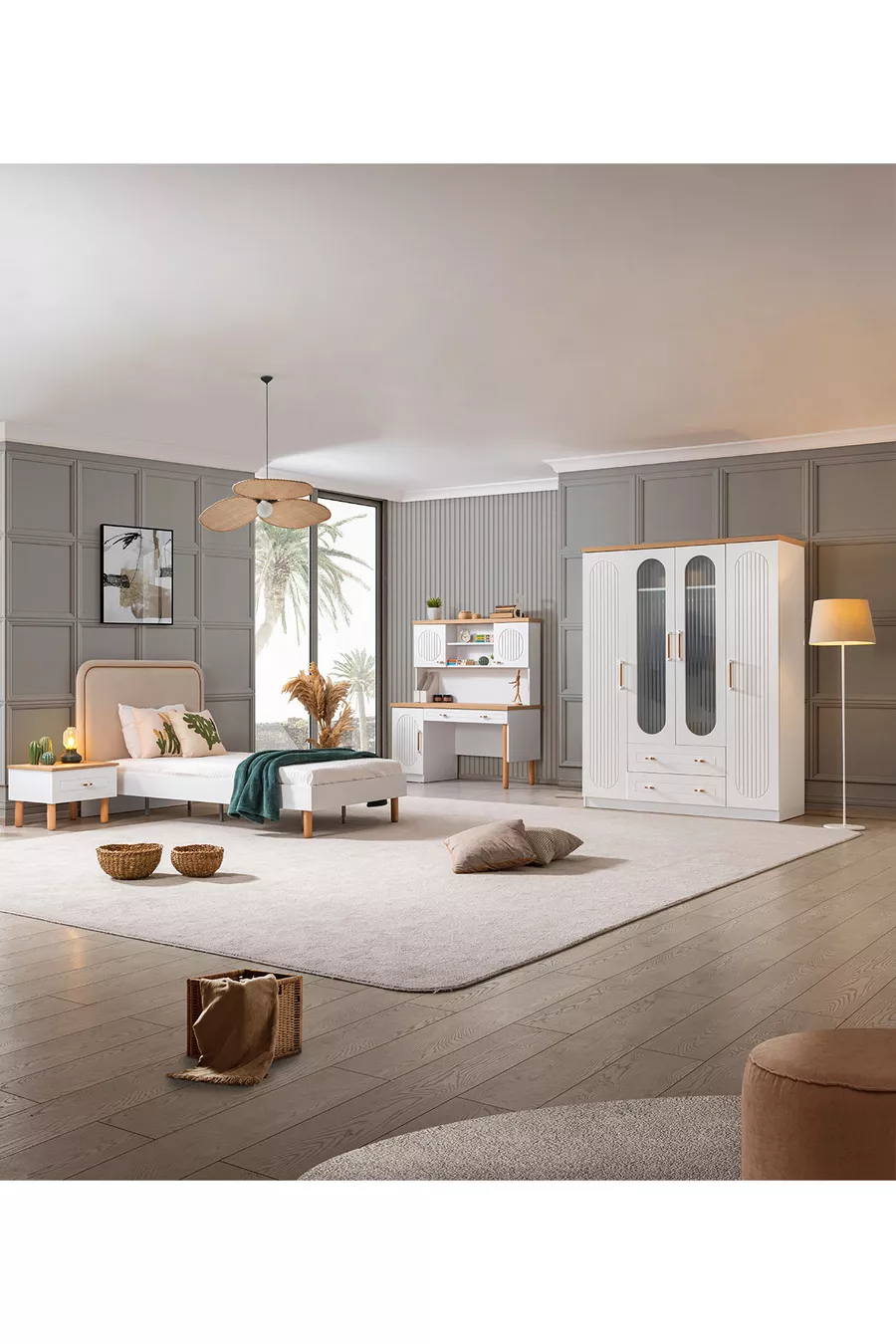 Chambre d'enfant Vita Bohem - Armoire 4 portes, Lit, Table de chevet, Bureau
