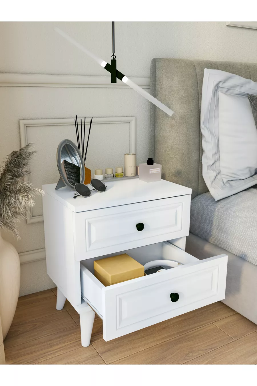 Landelijke nachtkast met witte lade voor slaapkamer