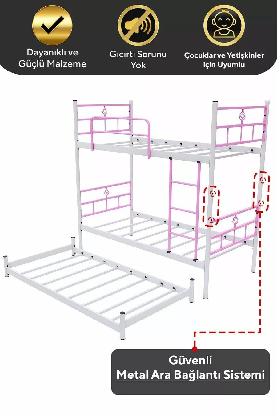 Lit superposé Koza avec tiroir pour 3 personnes, compatible avec matelas, métal rose clair